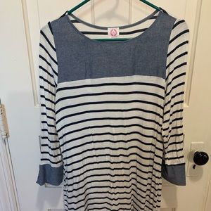 Knee length. Navy, white, and denim.